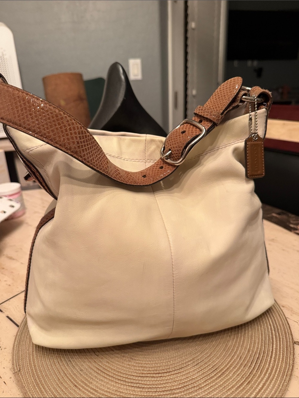 Coach 2011 Cream Hobo Bag with Brown Snake skin Patent Leather Trim & Hangtag